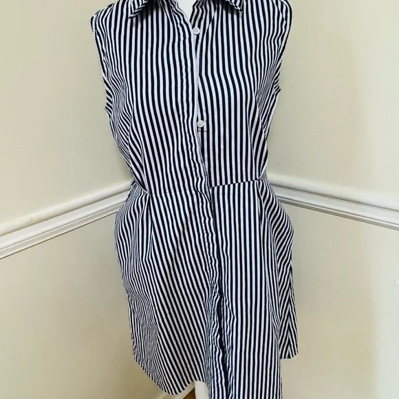 Inomi Women’s Blue White Striped Sleeveless Shirt Dress Size S - Picture 2 of 7
